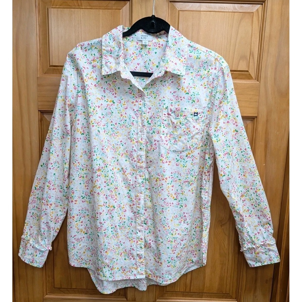 Crown & Ivy Women's Large Top Blouse Floral Button-Down Front Ruffle on Cuff